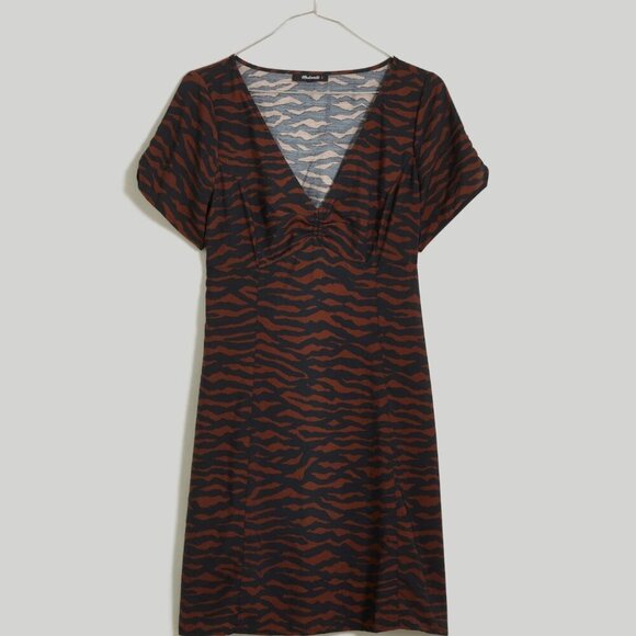 Madewell VNeck Mini Dress in Abstract Animal Brown/Black Size 14 NWT Style NO114 - Picture 5 of 6